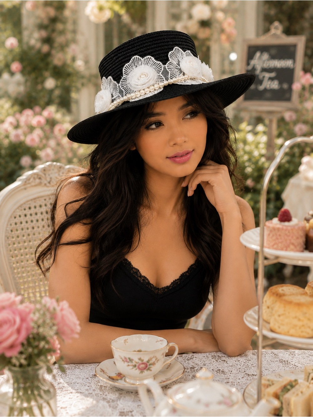 Black Wide Brim Hat with White Lace Flowers & Faux Pearls | Elegant Floral Sun H